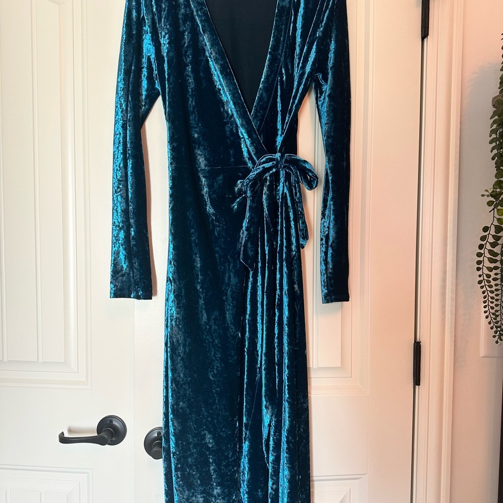 BCBGMaxAzria Teal Velvet Wrap Dress